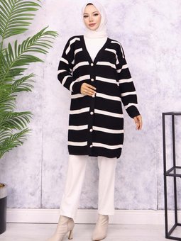 3090 Fitilli Çizgili Triko Hırka Siyah