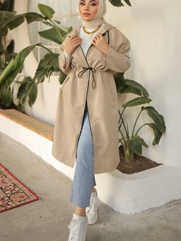 61658 Parlak Kol Detaylı Trençkot Taş Rengi