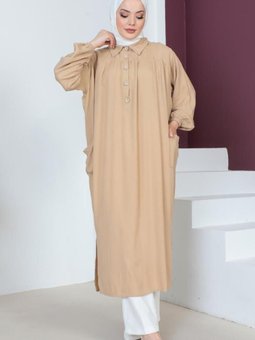 8222 Yanları Yırtmaç Robalı Tam Boy Tunik Bej