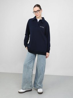 Polo Yaka Baskı Detaylı Oversize Sweatshirt Lacivert