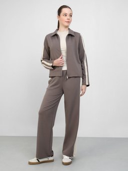 Şerit Detaylı Fermuarlı Kısa Örme Vizon Ceket