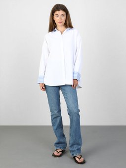 Yaka Ve Manşet Çizgi Detaylı Pamuklu Oversize Beyaz Gömlek