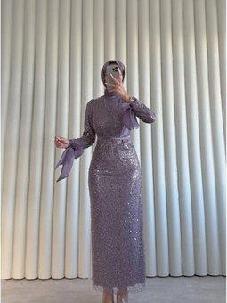 Kolu Bağlamalı Saten Abiye Elbise