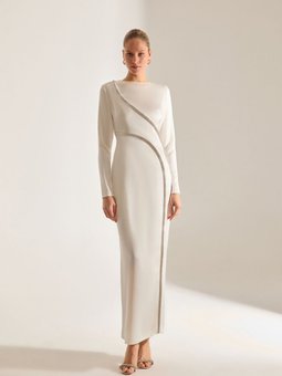 Candice Taşlı Biyeli Uzun Kol Beyaz Gece Abiye Elbisesi