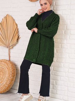 15768 Saç Örgü Desen Düğmeli Triko Hırka Zümrüt Yeşili