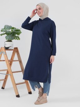 Kapüşonlu Uzun Sweatshirt Koyu İndigo