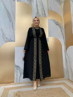 Önü Boydan Güpür İşlemeli Bel Bağlamalı Düz Ferace 7820 Siyah