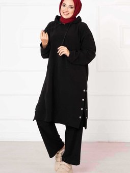 Kapüşonlu Çakım Detaylı İkili Tunik Takım