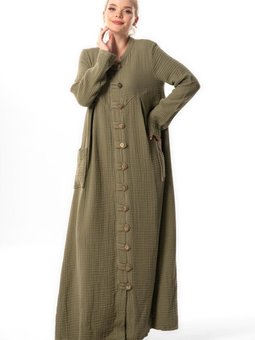 Uzun Kol Cennet Hakim Yaka Düğme Detaylı Sonbahar Ve Kışlık Cepli Double Müslin Ferace Haki Hk