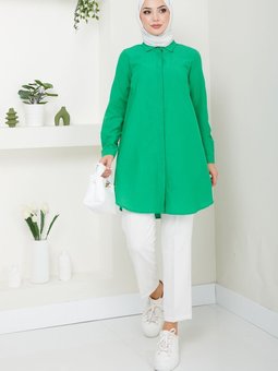 Benetton Yeşili Terikoton Gizli Düğmeli Boyfriend Gömlek