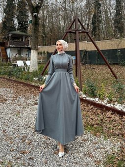 Şila Önü Boncuk Detaylı Balon Kol Tesettür Elbise