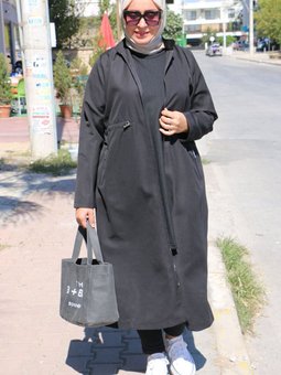 43056 Büyük Beden Hakim Yaka Bondit Trençkot Siyah