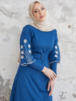 Nakış Desen Elbise Mavi