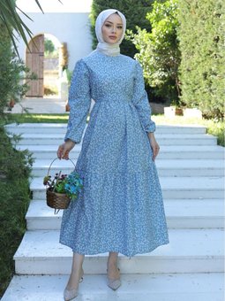 Çiçek Desenli Katlı Keten Elbise