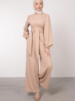 Geniş Kuşak Dolamalı Tulum Krem