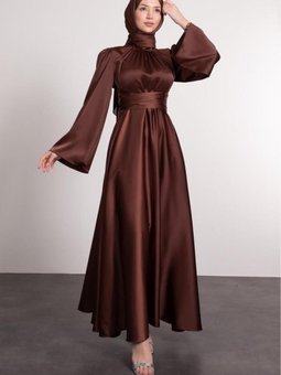 İspanyol Kol Beli Dolamalı Saten Abiye Elbise Acı Kahve