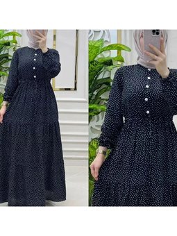 Siyah Renk Viskon Kumaş Ön Düğmeli Ayarlanabilir Kuşaklı Elbise