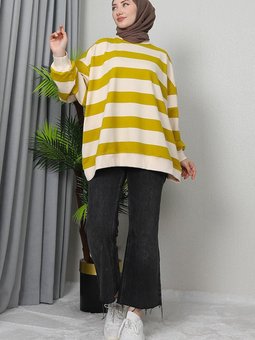 Oversize Çizgi Detay Sweat Yağ Yeşil