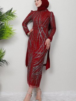 Ranya Simli Elbise Bordo