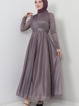 Simli Şifon Elbise Lila