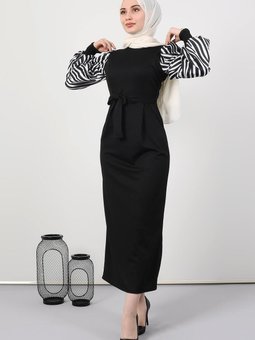 Kolları Desenli Krep Elbise Beyaz