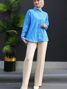 Kolu Manşetli Çizgili Gömlek Mavi