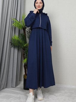Krop Detay Fermuarlı Elbise Lacivert