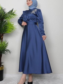 Omzu Taşlı Saten Abiye Elbise Koyu İndigo