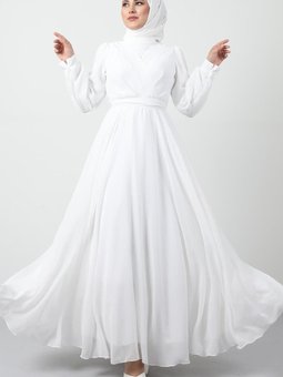 Önü Çapraz Şifon Elbise Beyaz