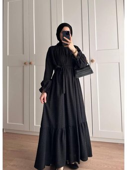Kuşaklı Siyah Tesettür Elbise