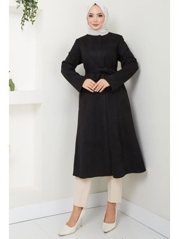 Fermuarlı Kuşaklı Süet Siyah Kap