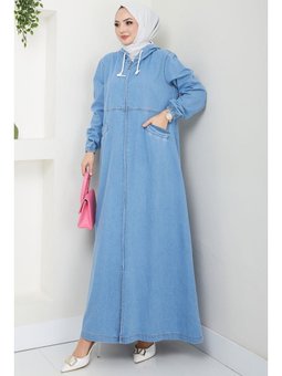 Kapüşonlu Kot Ferace Açık Mavi Kap