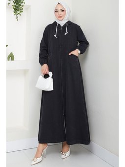 Kapüşonlu Kot Ferace Siyah Kap