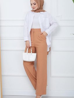 Pileli Çizgili Pantolon Camel Hm2354
