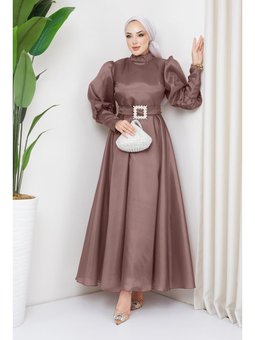 Balon Kollu Organze Abiye Elbise Gül Kurusu