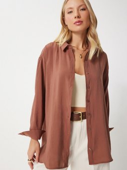 Kahverengi Oversize Uzun Keten Ayrobin Gömlek To00141