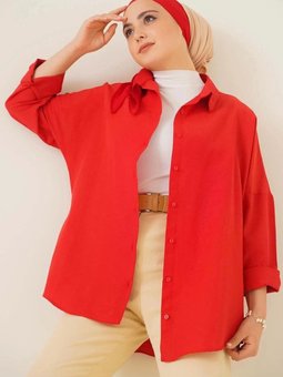 Kırmızı Geniş Kalıp Uzun Basic Gömlek Hzl24w Bd139001