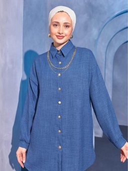 Gold Kolyeli Keten Uzun Kollu Düz Renk Gömlek