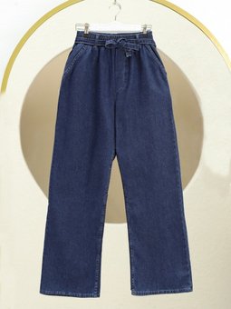 Bol Paça Beli Lastikli Kuşaklı Kot Pantolon