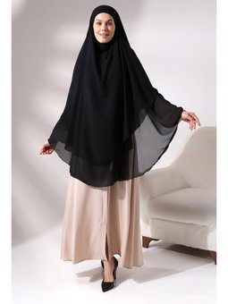 Şifon Üç Katlı Peçeli Uzun Sufle Siyah Eşarp