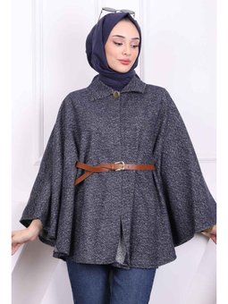 Lacivert Tek Düğmeli Kemerli Panço