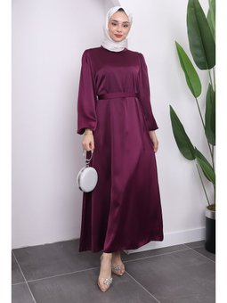Mürdüm Hakim Yaka Balon Kol Saten Abiye Elbise