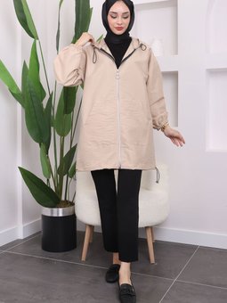 Bej Kapüşonlu Fermuarlı Trençkot