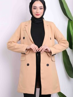 Bej Kruvaze Yaka Astarlı Ceket