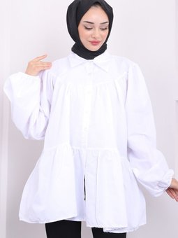 Beyaz Kol Lastikli Katlı Gömlek