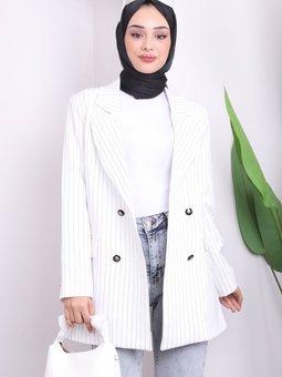 Beyaz Kruvaze Yaka Çizgili Ceket