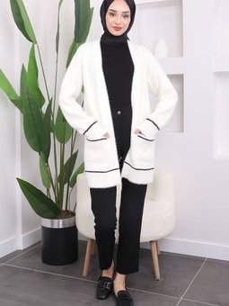 Ekru Gofralı Sim Şeritli Yumoş Triko Hırka