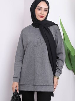 Füme Bisiklet Yaka Yan Yırtmaçlı Sweat