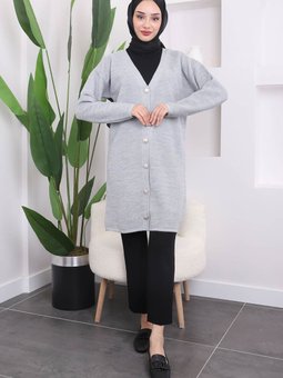 Gri Düğmeli Gofralı Triko Hırka