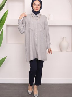 Gri Yaka Bronşlu Omuz Piliseli Gömlek